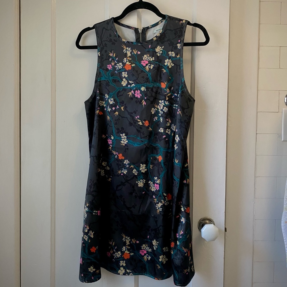 dark grey mini shift dress with multi-colored Japanese cherry blossoms